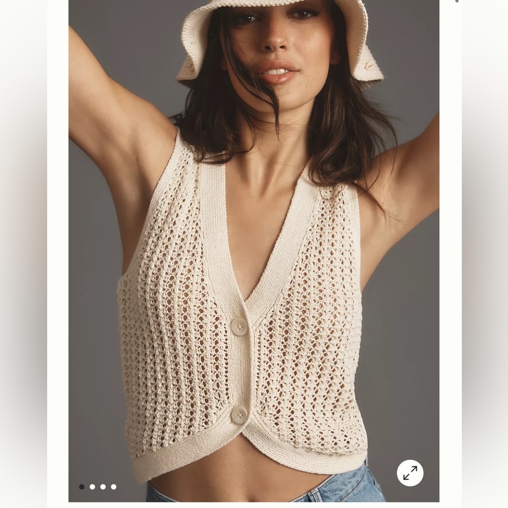 Maeve V-Neck Open-Stitch Sweater Vest, Ivory, Large
